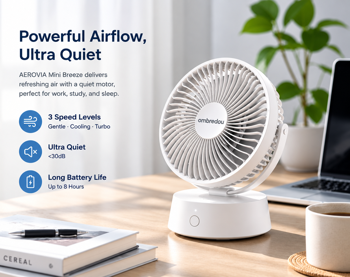 OMBREDOU Mini Breeze Portable Personal Cooling Fan Small Size. Big Comfort.
