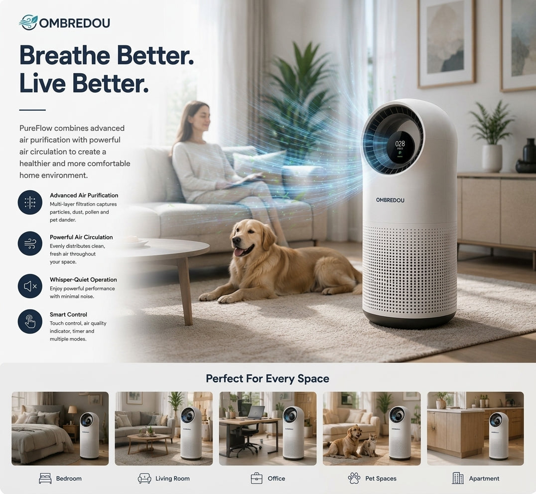OMBREDOU PureFlow Smart Air Purifier Fan Cleaner Air. Cooler Comfort. Better Living.
