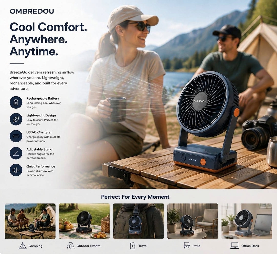 OMBREDOU BreezeGo Portable Outdoor Cooling Fan Cool Comfort. Wherever Life Takes You.