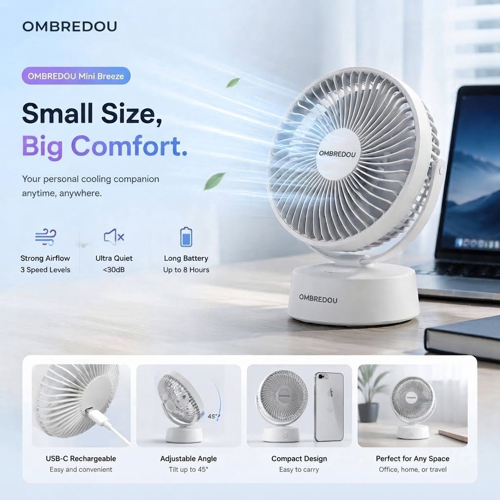 OMBREDOU Mini Breeze Portable Personal Cooling Fan Small Size. Big Comfort.
