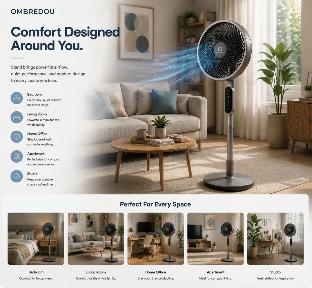 OMBREDOU AeroStand Smart Pedestal Fan Powerful Breeze. Elegant Design. Everyday Comfort.