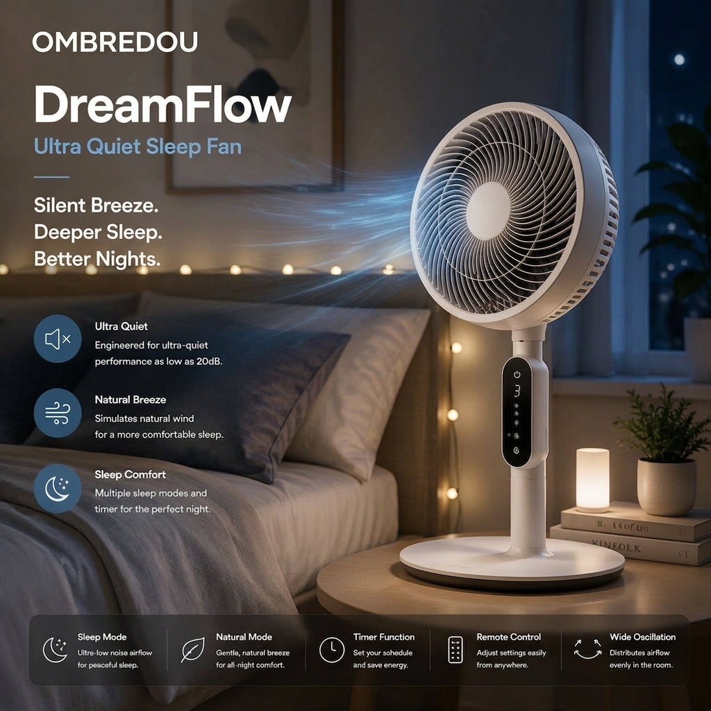 OMBREDOU DreamFlow Ultra Quiet Sleep Fan Silent Breeze. Deeper Sleep. Better Nights.