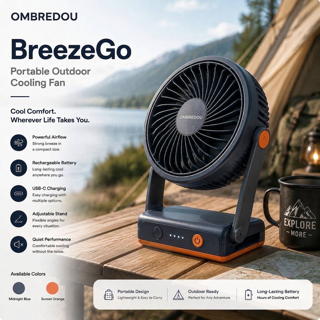 OMBREDOU BreezeGo Portable Outdoor Cooling Fan Cool Comfort. Wherever Life Takes You.