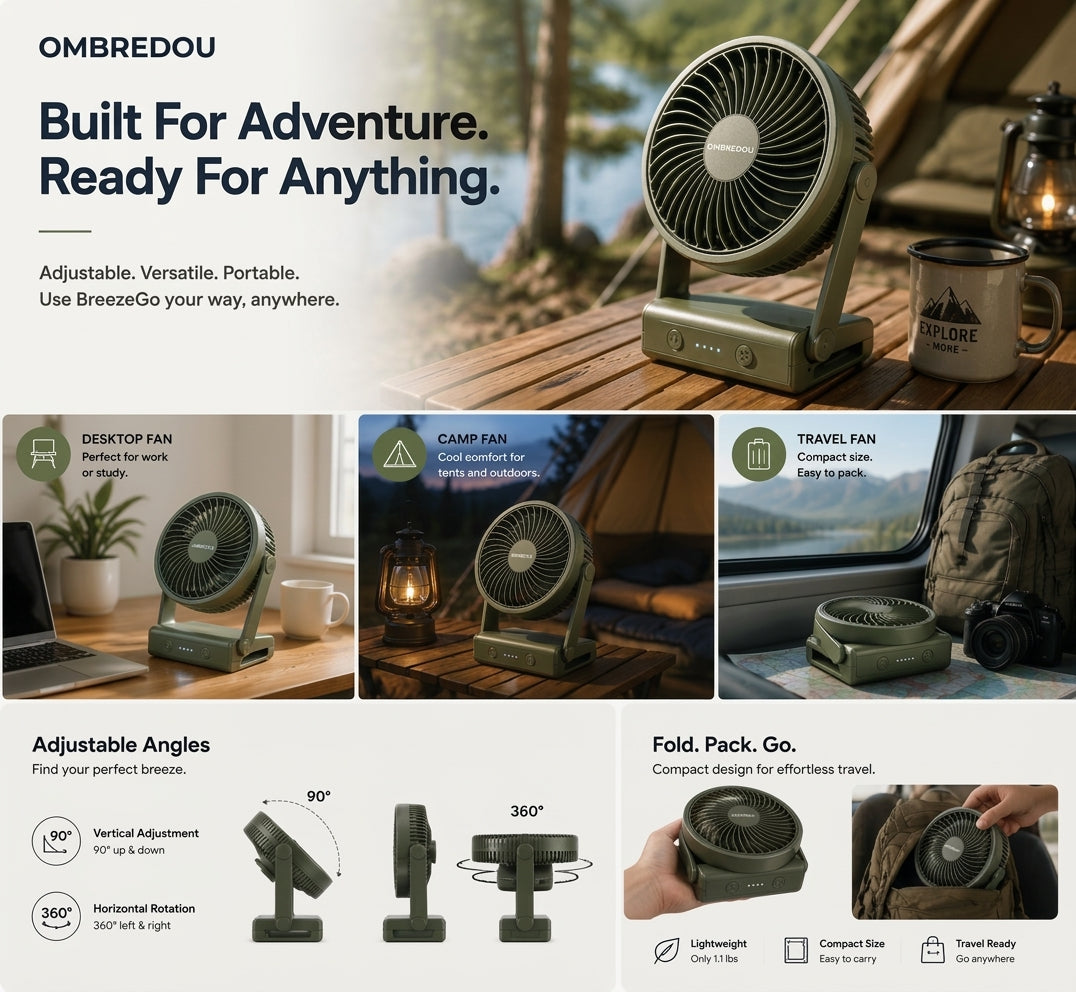 OMBREDOU BreezeGo Portable Outdoor Cooling Fan Cool Comfort. Wherever Life Takes You.
