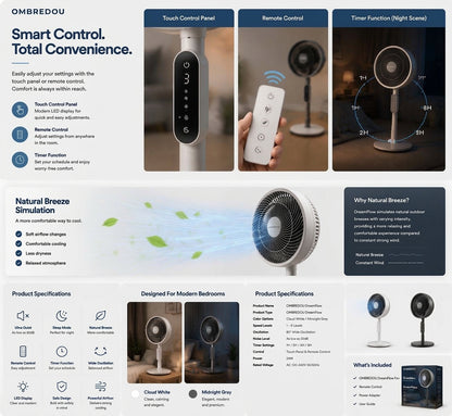 OMBREDOU DreamFlow Ultra Quiet Sleep Fan Silent Breeze. Deeper Sleep. Better Nights.
